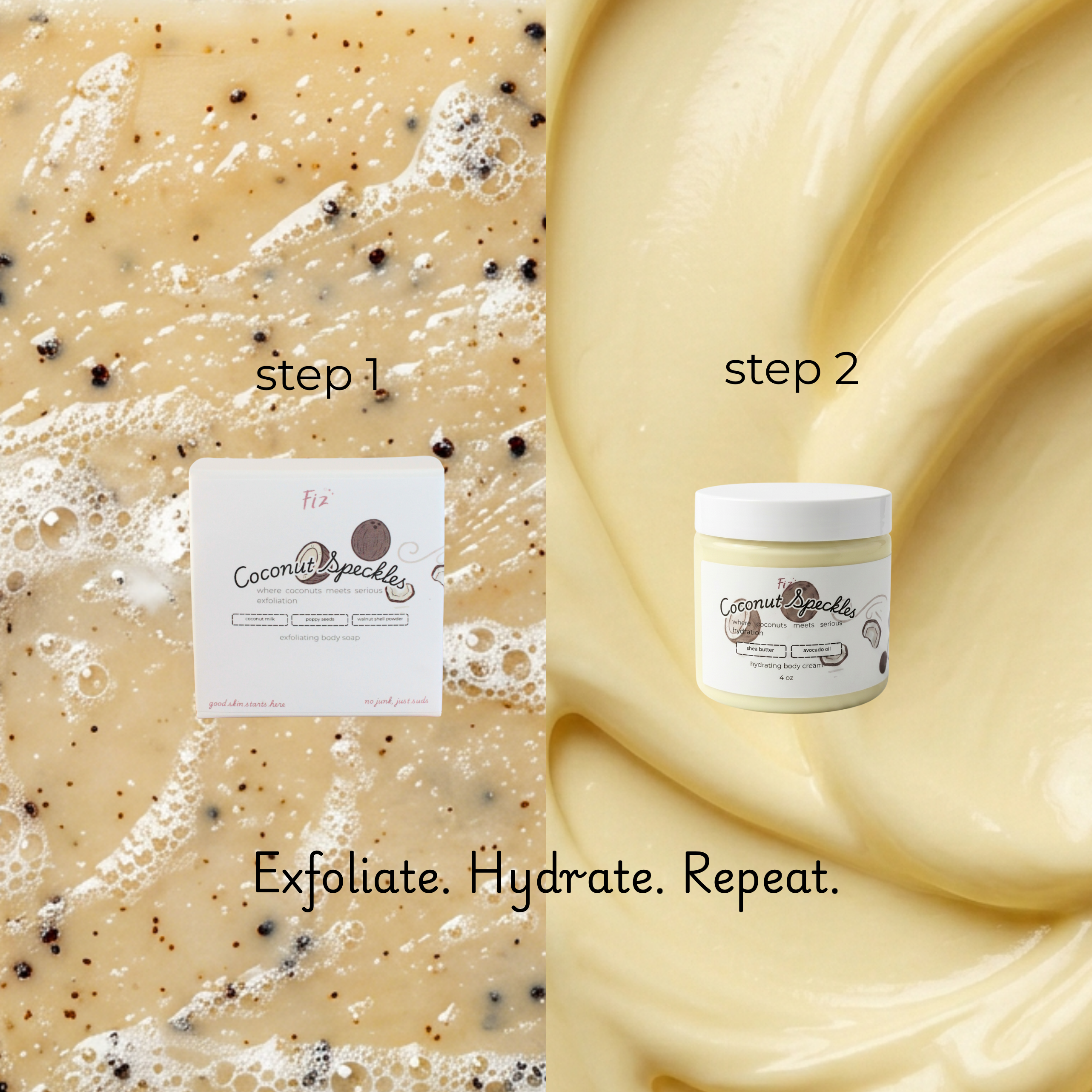 Coconut Speckles 2-Piece Bath & Body Care Set - Coconut-Scented Soap & Cream for Full Body Exfoliation, Moisturization