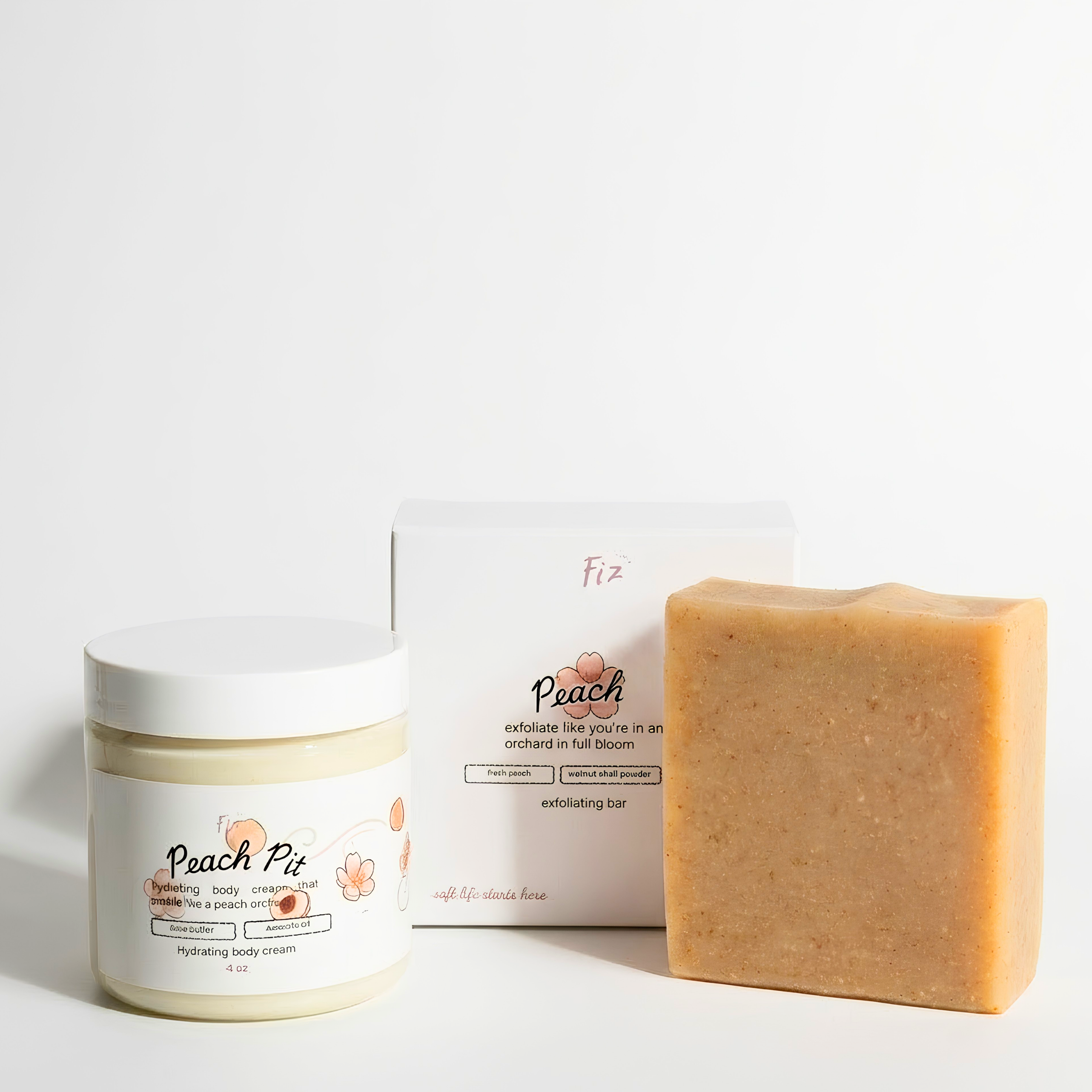 Peach Pit 2-Step Shower Routine Set - Cold-Processed Exfoliating Soap Bar & Body Cream for Textured Skin