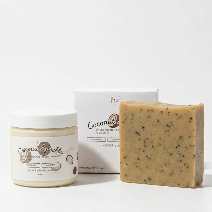 Coconut Speckles 2-Piece Bath & Body Care Set - Coconut-Scented Soap & Cream for Full Body Exfoliation, Moisturization
